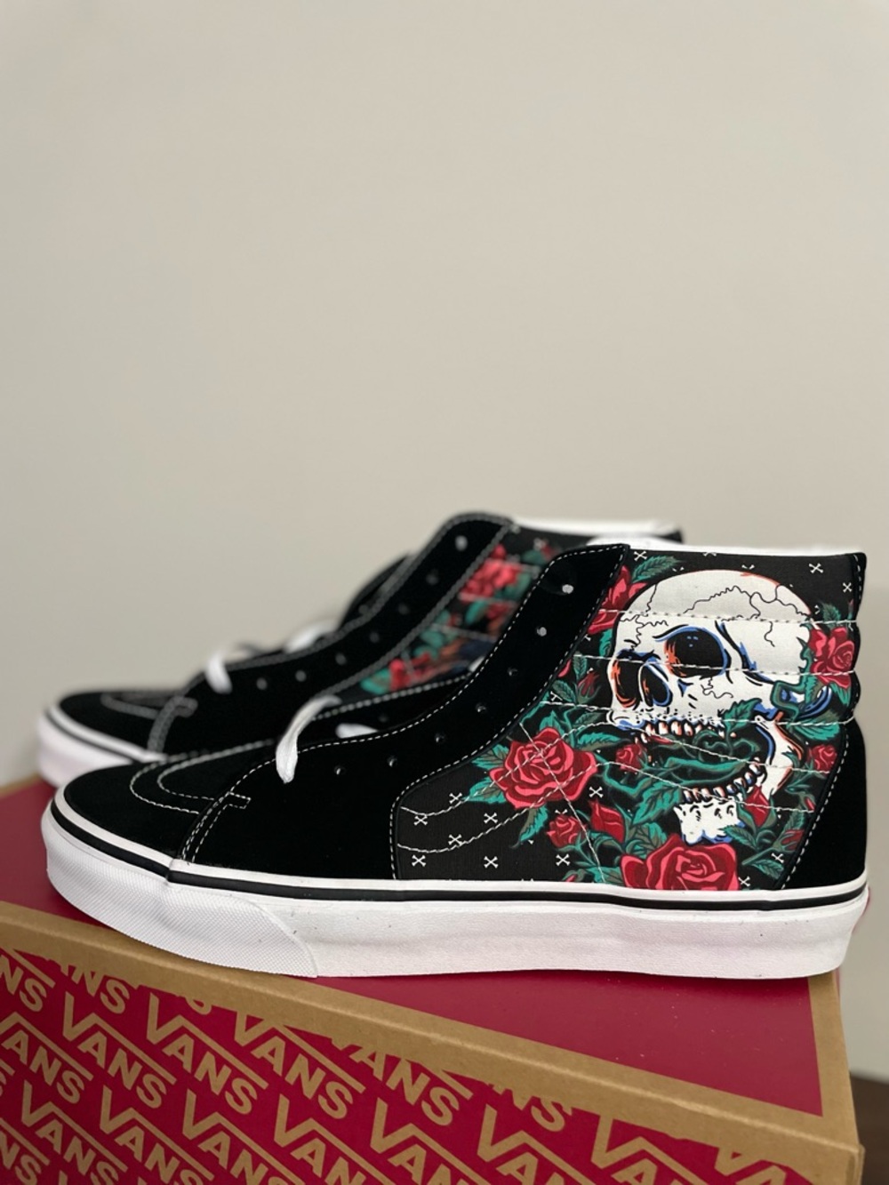 Vans Black High-Top Sneakers with Skull & Red Rose Design
